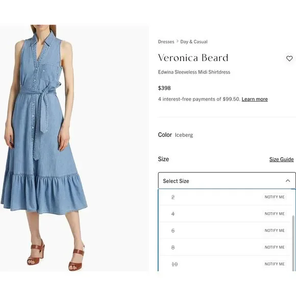 Veronica Beard NWOT Women 10 Edwina Sleeveless Midi Shirtdress Iceberg Denim - Picture 5 of 13